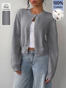 SHEIN BASICS 女款秋冬休閒純色開襟羊毛衫 - 深灰色 - 查看 1