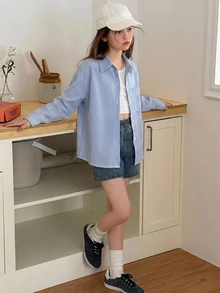 Hapijoa 青少年女孩秋季服飾 青少年女孩) 翻領短袖襯衫 夏季 - 藍色 - 查看 6