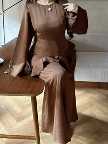 Dazy Plus Solid Color Fitted Waist Ruffle Trim Round Neck Long Sleeve A-Line Elegant Spring Autumn Dress - Brown - View 4
