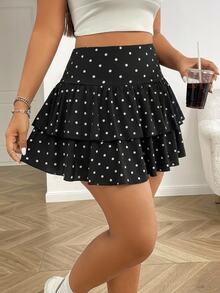 Solflare Plus Polka Dot Print Ruffle Hem Skirt - Black - View 4