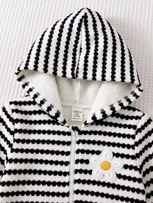 SHEIN Babygirl Striped Knit Hooded Jumpsuit - Black and White - View 5