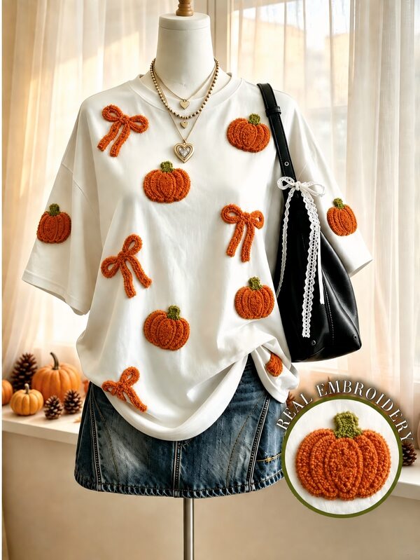 Lalippa Women's Cute Pumpkin Applique Embroidery Round Neck T-Shirt Holiday