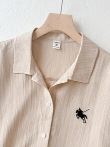 SHEIN 青少年女孩秋季新款杏色刺繡小馬圖案休閒極簡寬鬆長袖上衣與長褲套裝 - 杏色 - 查看 6