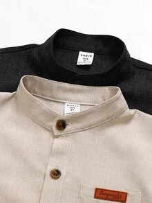 SHEIN Kids 2pcs Young Boys Style Loose Woven Shirt,Summer Family Matching Collared Solid Color Long Sleeve Tops For School,Vacation & Sports Wear - Multicolor - View 5