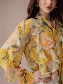 BELROSIE Áo blouse tay dài thanh lịch phong cách Âu Mỹ, thời trang mới thu đông, đa năng, in kỹ thuật số sợi kim tuyến, voan chiffon nhiều lớp bèo nhún thắt dây - Nhiều màu - Xem 2