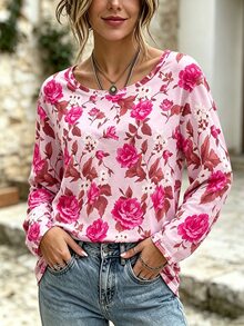 EMERY ROSE 大尺碼女款休閒花卉印花圓領長袖T恤上衣，適合日常穿著 - 彩色 - 查看 3
