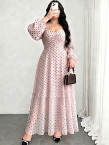 Modelyn Spring/Autumn Polka Dot Cinched Cinched Waist Elegant Fashionable Flared Long Dress - Multicolor - View 4