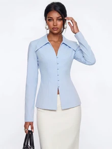 Avantive Women's Elegant Commute Solid Color Waist-Cinching Top - Baby Blue - View 3