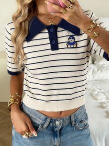 CovetEZ Top de punto con cuello polo, bordado de dibujos animados y patrón a rayas - Multicolor - Ver 6