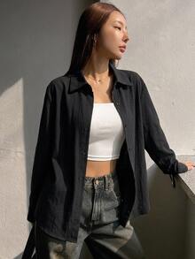DAZY 休閒百搭純色長袖女款襯衫 - 黑色 - 查看 3