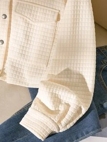 CosyJoli 休閒居家度假女款夾克，寬鬆版型附口袋，金屬鈕扣夾克，杏色長袖格子夾克，適合夏秋 - 杏色 - 查看 4