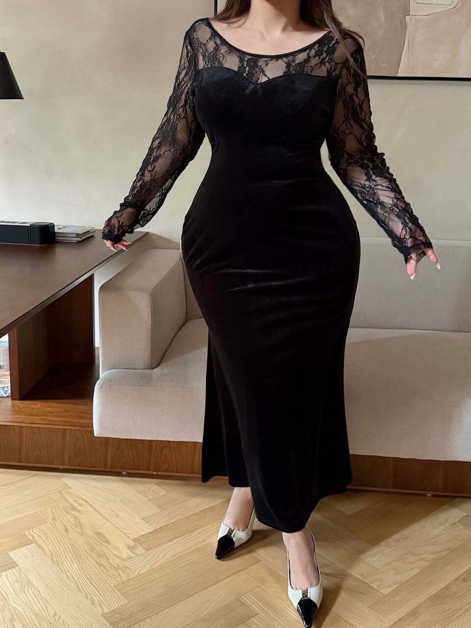 Dazy Plus Autumn Lace Patchwork Elegant Sexy Evening Dress, Early Autumn New Style Backless Slim Fit Flattering Black Dress Halloween Cocktail Formal