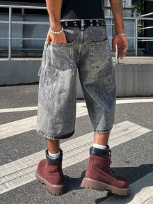 Manfinity EMRG Celana Jeans Pria Model Longgar, Potongan Pendek, Model Kaki Lebar, Kasual, dengan Kantong - Grey - View 5