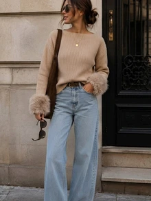SHEIN Autumn/Winter Casual Khaki Fuzzy Cuff Sweater - Khaki - View 4