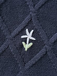 SHEIN 女童手工刺繡麻花格紋針織落肩短版套頭毛衣，柔軟舒適，適合日常穿著、外出、旅行、度假、居家、玩樂、萬聖節與聖誕節 - 藏蓝色 - 查看 3