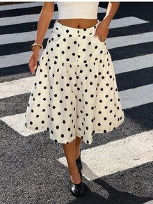 Muchica Women Summer Fall Casual Polka Dot Print Culottes, High Waist Tiered Ruffle A‑Line Swing Flowy 7/8 Length Wide Leg Skort With Functional Pockets - White - View 1