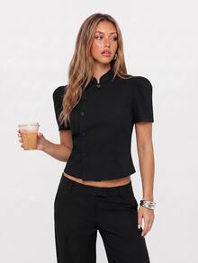 Avantive Women's European & American Vintage Waist-Cinching Cropped Design Top - Black - View 6