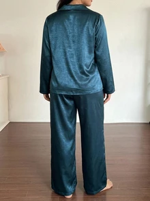 Dazy Plus Solid Color Satin Loose Top And Pants 2-Piece Set, Spring/Autumn Loungewear Pajama Set - Dark Green - View 2