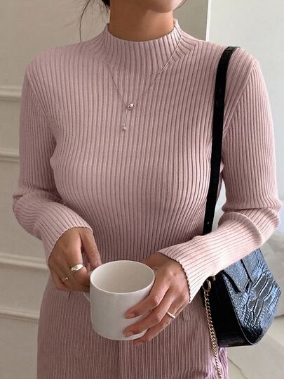 Dazy Plus Solid Color Casual Ribbed Fitted Elegant Versatile Mock Neck Pink Sweater Pullover Autumn/Winter