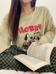 Dazy Plus 2pcs Cute Puppy Print Loose Long Sleeve T-Shirt & Plaid Straight Leg Long Pajama Pants Set, Spring/Autumn Sleepwear Outfit - Green - View 5