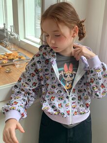 THE POWERPUFF GIRLS X DAZY Tween Girl All-Over Print Hooded Zip-Up Casual Daily Long Sleeve Sweatshirt Fall - Purple - View 8