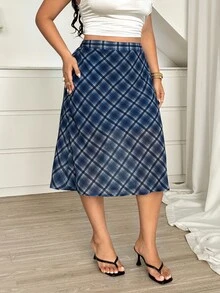 Vionelle Plus Size Vintage Casual Versatile Daily Sweet Girl Chiffon Plaid Skirt - Navy Blue - View 1