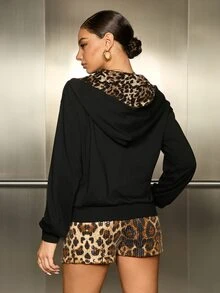 Betty Boop x SHEIN Women's Cartoon Print Zipper Long Sleeve Hooded Sweatshirt - Black - View 2