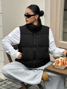 Dazy Plus Solid Color Casual Versatile Thermal Lined Thickened Autumn/Winter Sleeveless Vest Women's Padded Coat Jacket - Black - View 3