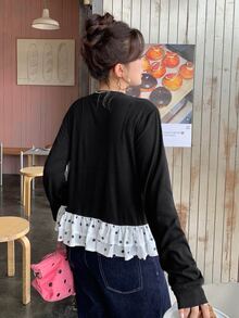 Dazy Plus 女童純色拼接波點下擺休閒長袖T恤，春夏秋可愛上衣 - 黑色 - 查看 2