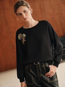 Anewsta 女款休閒亮片刺繡運動衫，秋季 - 黑色 - 查看 5