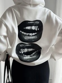 DAZY Women's Long Sleeve Hooded Sweatshirt With Lips Print On Back Fall Oversized T Shirts For Women - White - View 1