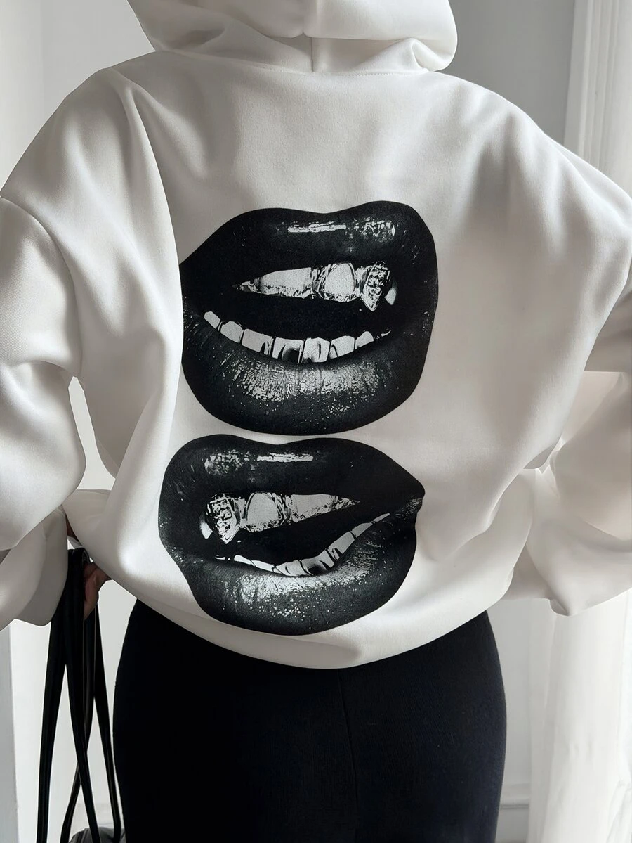 DAZY Women's Long Sleeve Hooded Sweatshirt With Lips Print On Back Fall Oversized T Shirts For Women - White - View 1