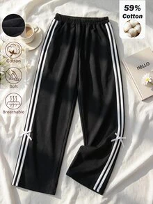 SHEIN 少女對比條紋蝴蝶結裝飾長褲 - 黑色 - 查看 3