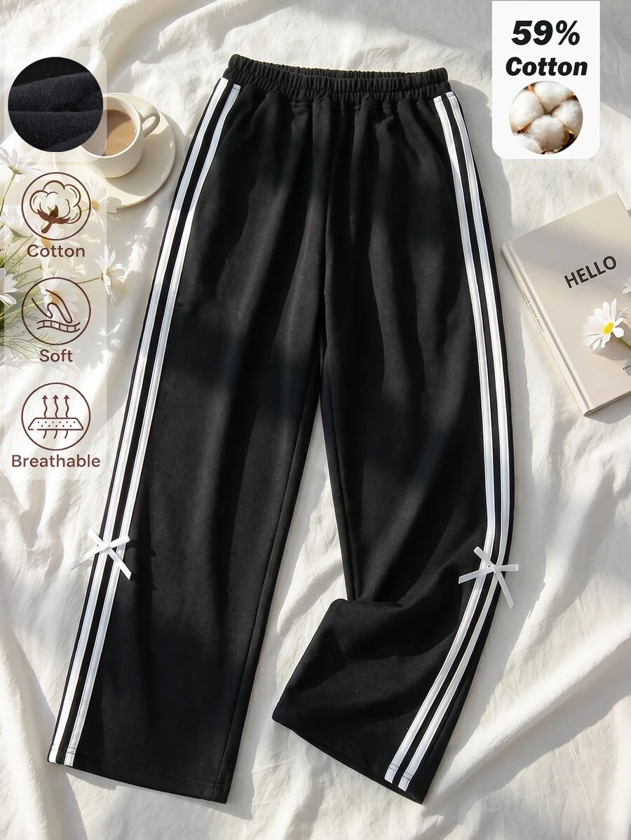 SHEIN Tween Girl Contrast Striped Bow Decor Long Pants - Black - View 1