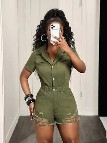 SHEIN VaVaLuxe Women's Distressed Button Short Sleeve Denim Romper For Travel - Army Green - View 4