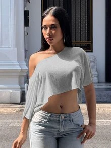 Slaydiva 夏季時尚慵懶休閒不對稱肩褶皺收腰寬鬆落肩短袖女款白色上衣-A - 灰色 - 查看 4