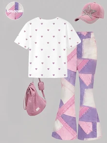 SHEIN Elladie kids 2件組復古粉色愛心印花T恤與喇叭褲套裝，可愛夏季返校女童穿搭，Y2K校園風，新款圓領短袖T恤搭配鬆緊腰喇叭長褲，簡約百搭時尚通勤套裝 - 彩色 - 查看 3