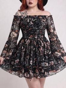 ROMWE Vintage Mushroom Forest Fairycore Off-Shoulder Bell Sleeve Plus Size Dress - Multicolor - View 3