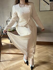 Dazy Plus Solid Color Elegant Double-Breasted Long Sleeve Fitted Top & A-Line Long Skirt 2 Pieces Set, Casual Commute Spring/Autumn - Apricot - View 2