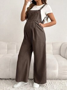 SHEIN 孕婦休閒水洗牛仔吊帶褲 - 棕色 - 查看 6
