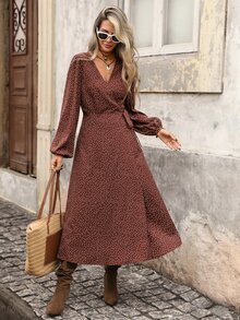 Brillora Brown And White Polka Dot Wrap Midi Dress, Long Sleeve V‑Neck For Summer Commute,Wrap Design, Clothes,Office Vacation Outfits,Christmas Boho - Brown - View 9