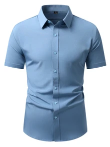 Calvornis Men's Summer Casual Solid Color Short Sleeve Shirt - Blue - View 3