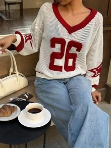 FavEase 女款秋季年輕休閒街頭風鏤空穿孔數字星星圖案提花V領露肩針織毛衣，日常外出穿搭，白色與紅色 - 彩色 - 查看 5