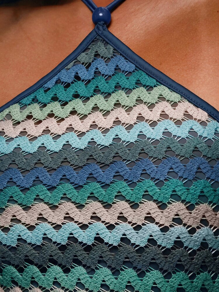 MUSERA Beaded Detail Textured Multicoloured Fitted Triangle Halterneck Top Coord Top Only Summer Spring - Green - View 4