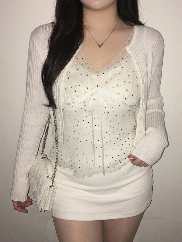 Dazy Plus 大尺碼韓系雪紡波點蕾絲拼接背心上衣 - 杏色 - 查看 4