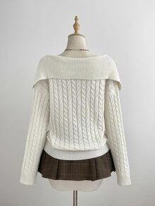 Elamini Women's White Casual Versatile Commute Daily Wear Classic Cable Knit Half-Button Pullover Sweater, Autumn/Winter - White - View 2