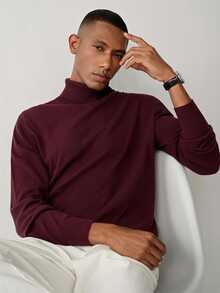 Manfinity Homme Sweater Lengan Panjang Pria Warna Polos Minimalis Serbaguna untuk Pemakaian Sehari-hari - Burgundy - View 4