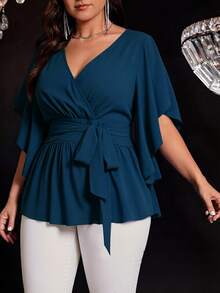 Auvina Plus Size Women's Solid Color Fitted V-Neck Short Sleeve Tie Waist Ruffle Hem Elegant Daily Party Blouse - Teal Blue - View 3
