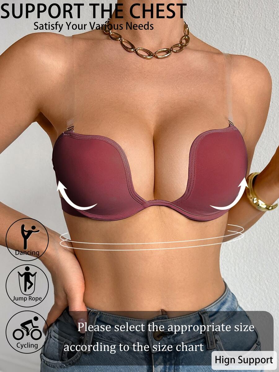 SHEIN 1pc Underwire Push-Up Transparent Strap Bra - Redwood - View 1