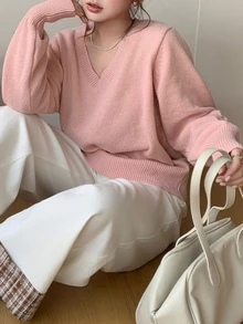 Dazy Plus Solid Color Slouchy Pink Loose Short Pullover Sweater For Girls, Casual Autumn/Winter - Baby Pink - View 6